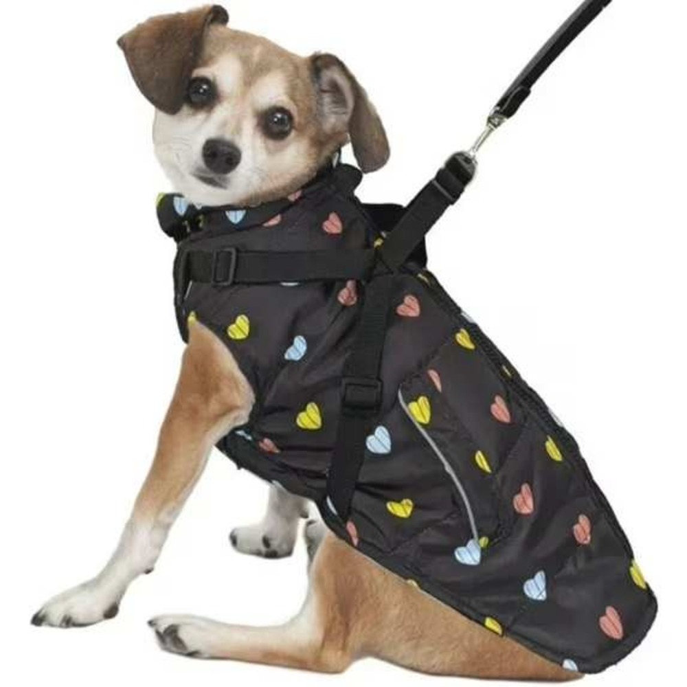 Black Heart Print Dog Puffer Vest Jacket with Built-in Harness Fleece top zip‎
